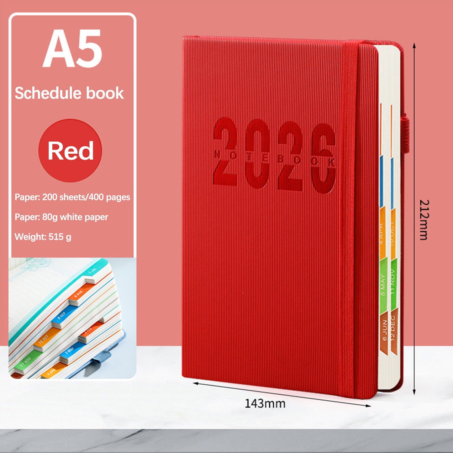 Planner 2026,Weekly Planner 2026,2026 Weekly Planner Notebook Hardcover 2026 Calendar Planner With Monthly Tab 80gsm Thick Paper Daily Planner 365-day Office Plan(Red A5 9*6in 80-Pages)