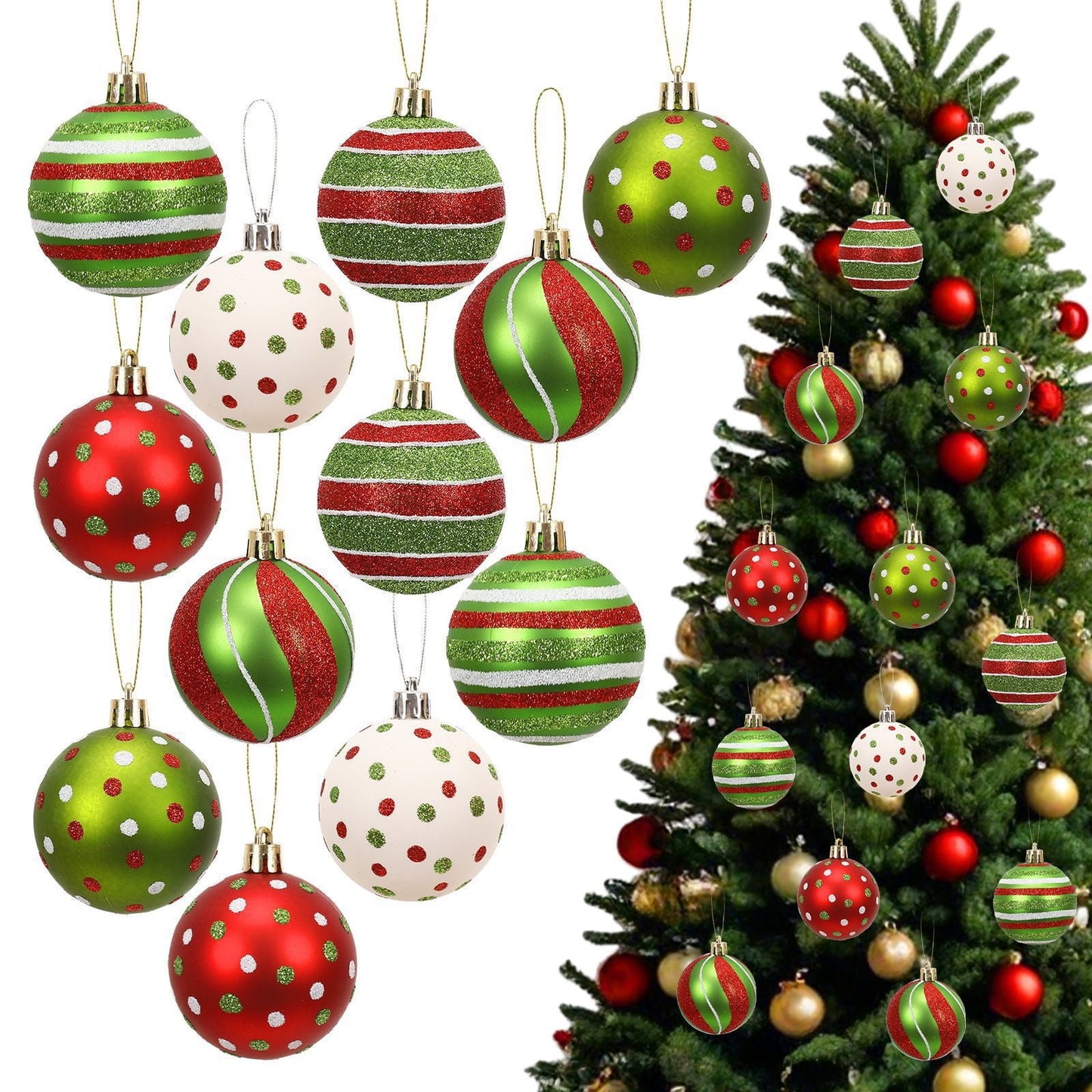 Christmas Decorations, Christmas Ball Ornaments,Glittering Hanging Xmas Balls for Tree Decoration,Swirl Candy Cane Balls,Red Green Christmas Baubles(12pcs 2.4in)