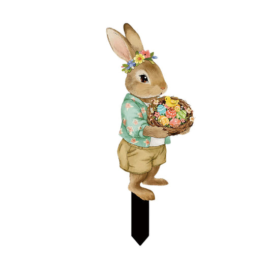 Easter Yard Decorations, Easter Bunny Yard Signs, Vintage Easter Bunny Stake with Eggs & Dwarfs, 10in PVC Ground Insert Ornament for Outdoor Courtyard, Flower Bed Festive Decor