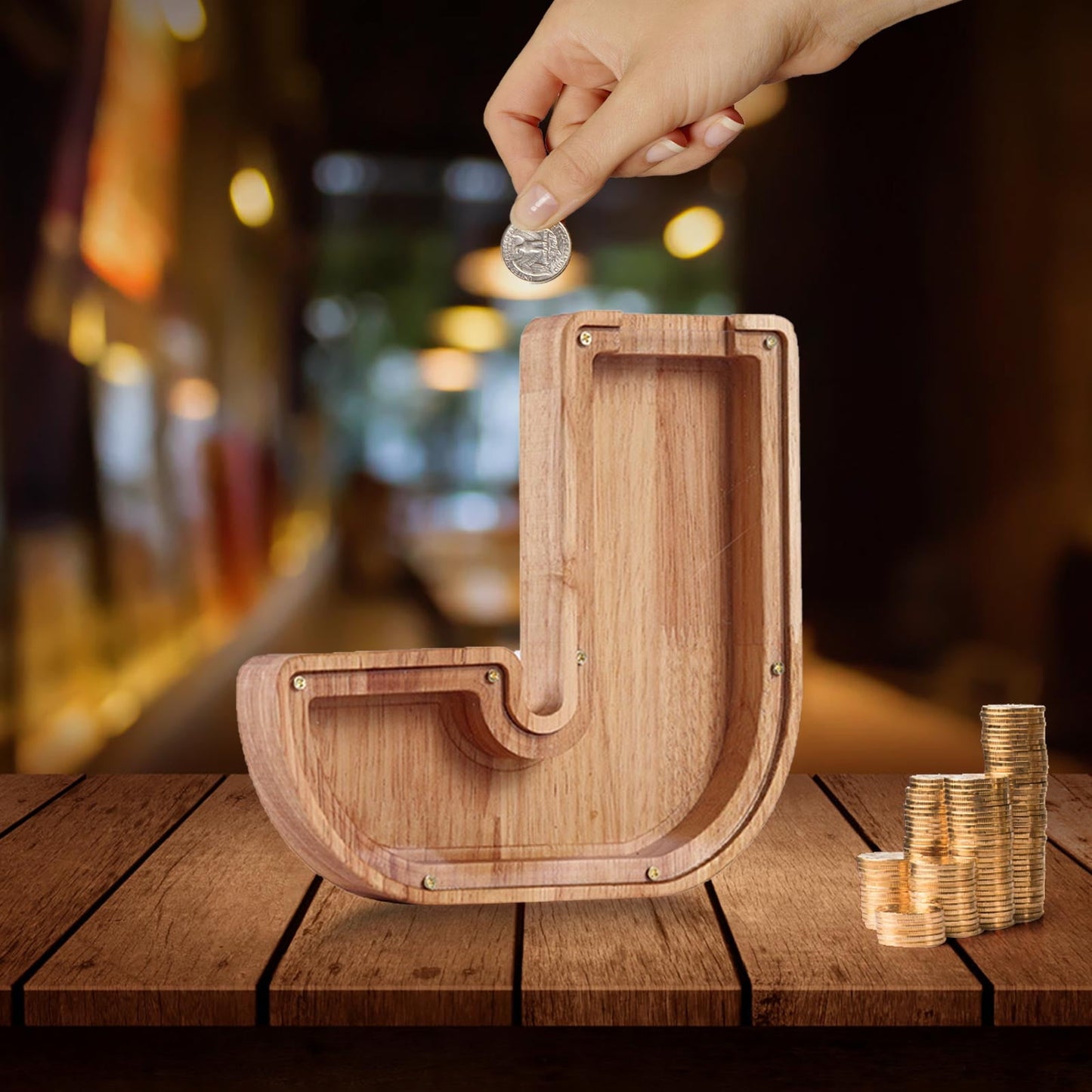 Money Saving,Piggy Banks,Wooden Letter Piggy Bank, Creative Piggy Bank Custom Wooden Piggy Bank, Letter Coin Bank,Wood Toys Money Saving Bank,Money Box Coin Bank Toys(J 7in+Sticker)