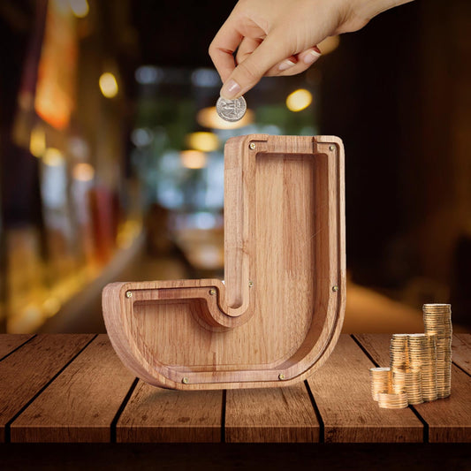 Money Saving,Piggy Banks,Wooden Letter Piggy Bank, Creative Piggy Bank Custom Wooden Piggy Bank, Letter Coin Bank,Wood Toys Money Saving Bank,Money Box Coin Bank Toys(J 7in+Sticker)