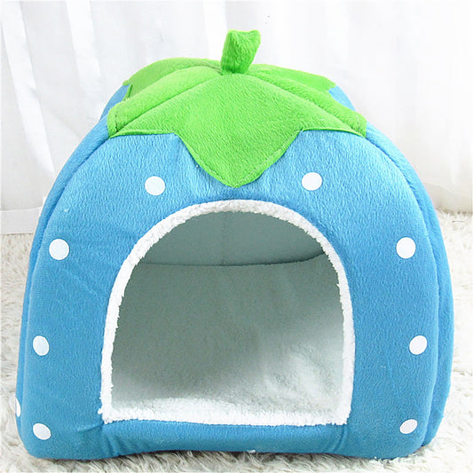 Strawberry Dog Bed,Strawberry Cat Bed,Strawberry Pet Bed for Dog,Puppy Cats Indoor Foldable Soft Warm Bed,Pet House Kennel Tent,Winter Indoor House Padded(Blue L 12in)