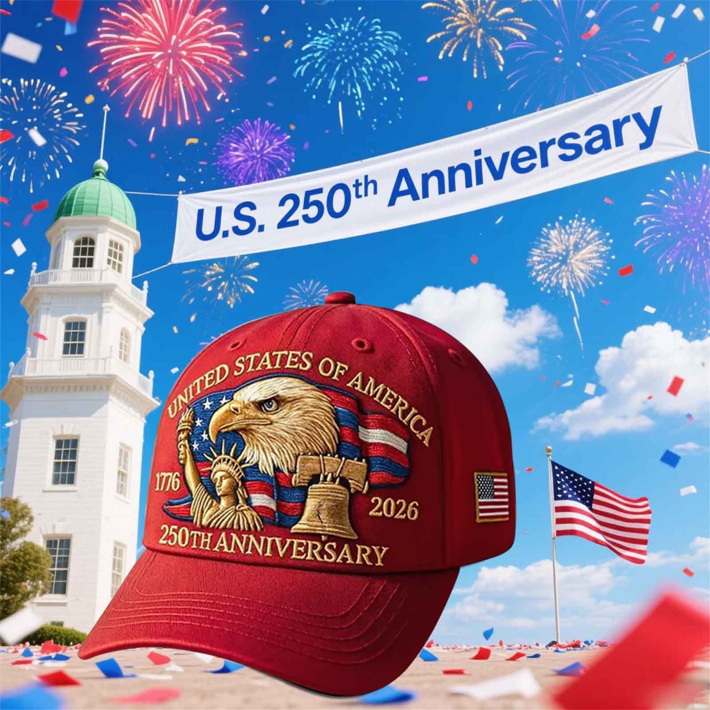 250 anniversary usa hat,250th anniversary usa hat,United States 250th Anniversary Hat Bald Printed Patriotic Baseball Cap For Men Women Multi(Multicolor red)