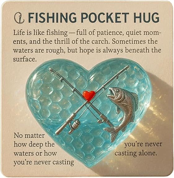 Fishing Pocket Hug,Fishing Lover Pocket Hug,Fishing Lover Pocket Hug with Gift Card,Sea Glass Heart Token with Fishing Rod & Fish Design,Inspirational Keepsake for Fishermen,Anglers(Fish)