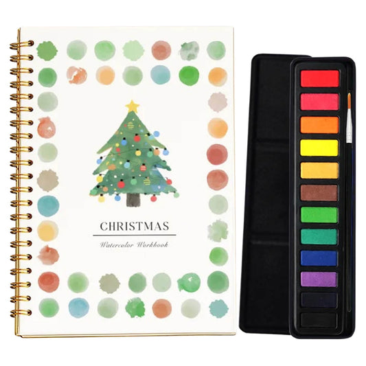 Watercolor Workbook,Water Color Work Book,Beginner Friendly Watercolor Workbook,Travel Size Book,Step-by-Step Painting Guide with 12 Sketches,Lay-Flat(Christmas Book+Paint 9*6.5in)