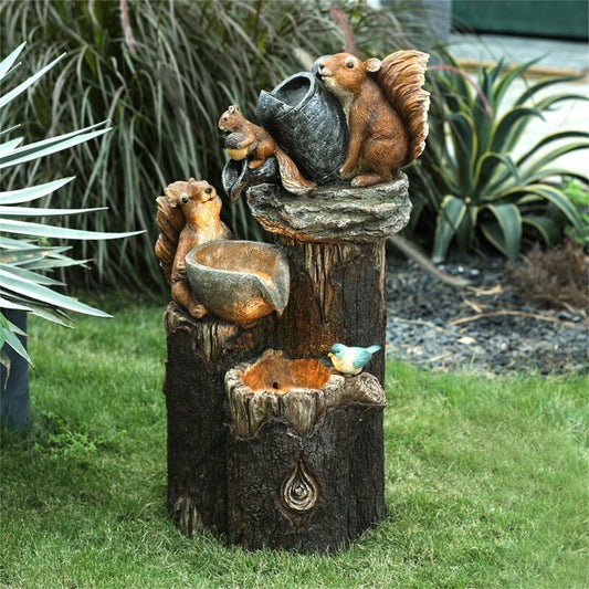 Outdoor Water Fountain,Solar Squirrel Stacked Waterfall Fountain LED Lights,Squirrel Sculpture Solar-Powered Water Feature Fountain,with Led Lights,Farmhouse(1pc 6in)
