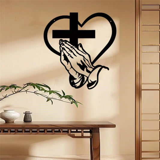 Elegant Metal Cross Wall Art,Elegant Metal Heart And Cross,11.8¡Á11.2inch,Praying Hands Design Cross Wall Sculptures,Decorative Iron Sculpture For Indoor For Living Room, Patio,Farmhouse Decor