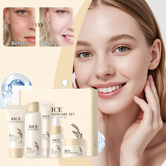 5Pcs Rice Extract Korean Skin Care Set with Rice Cleanser, Toner, Serum, Eye Serum, Moisturizing Cream, Skincare Moisturizer for Face, Skin Care Gift Set for Women, Facial Care Set Includes Cleanser