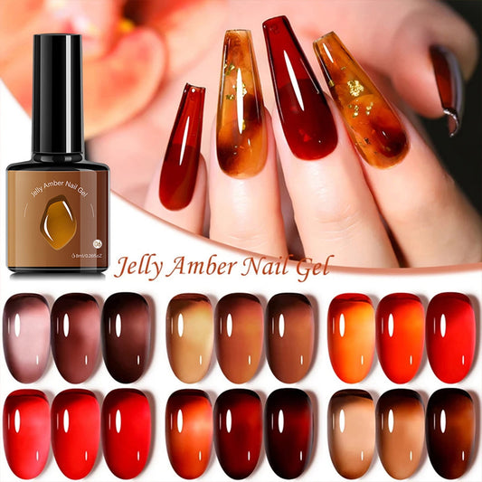 6 Pcs Amber Jelly Crystal Gel Nail Polish, Jelly Gel Nail Polish, Soak Off UV Light Cure Gel Polish, Crystal Transparent Series Sheer Gel Varnish Curing Home Salon French Manicure (6 Color)