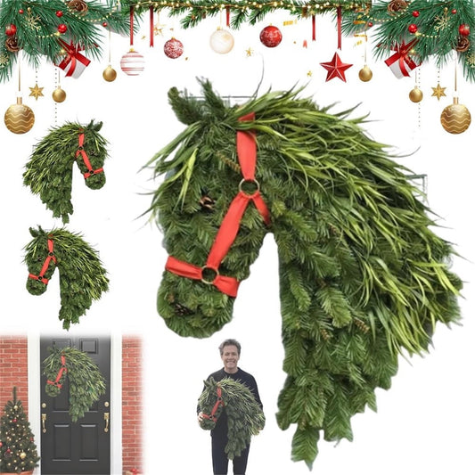 Farmhouse Decor,Horse Head Wreath,Horse Wreath For Door,17¡Á13inch,Equestrian Door Decor Horse,Handmade Horses Head Wreath,Artificial Greenery Front Door Decor With Red Ribbon.