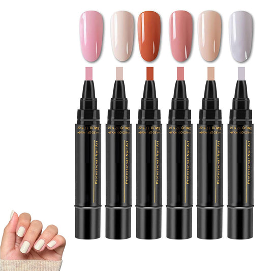 6Pcs Nail Polish Pen Set, 3 In 1 Nail Gel Pens Kit, Nude Natural Color Builder Base, Quick Dry Long Lasting Gel Polish, Beginner Friendly Nail Art Pen Set