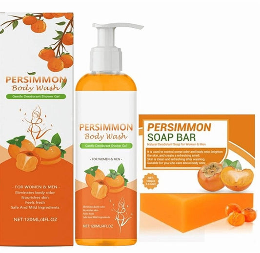 Persimmon Body Wash,Persimmon Soap,Persimmon Body Wash for Old People Smell,Natural Deodorant Bar Soap for Strong Odor Smelly Feet Remove,Cleansing Body Deodorizing(Soap+Shower Gel)