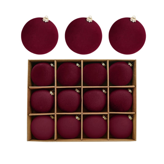 Velvet Ornaments for Christmas Tree,Christmas In July Decorations,Velvet Christmas Ball Ornaments Set,Flocked Hanging Balls for Xmas Tree,Plastic Decorative Baubles(Wine 12pcs 2.4in)