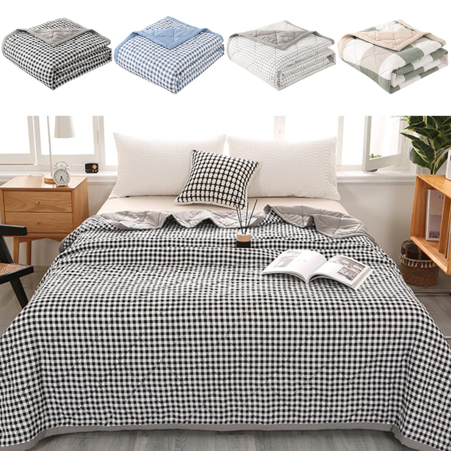 Grid Cooling Thin Comforter,Summer Air-conditioning QuiltComforter Thin Quilt Summer Lightweight Comforter, 100% Washed Cotton, Machine Washable,Soft Comfy(Black 60*40in)