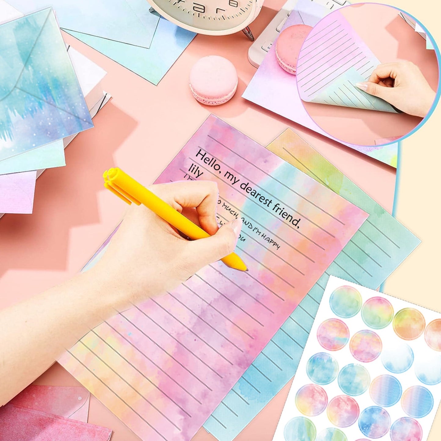 Stationary Paper and Envelopes Set,Watercolor Dot Card,50 Pcs Lined Stationery Writing Papers with 50 Matching Envelopes and 60 Stickers,10 Style(50Set:Envelopes+Letterheads 8.5*4in)