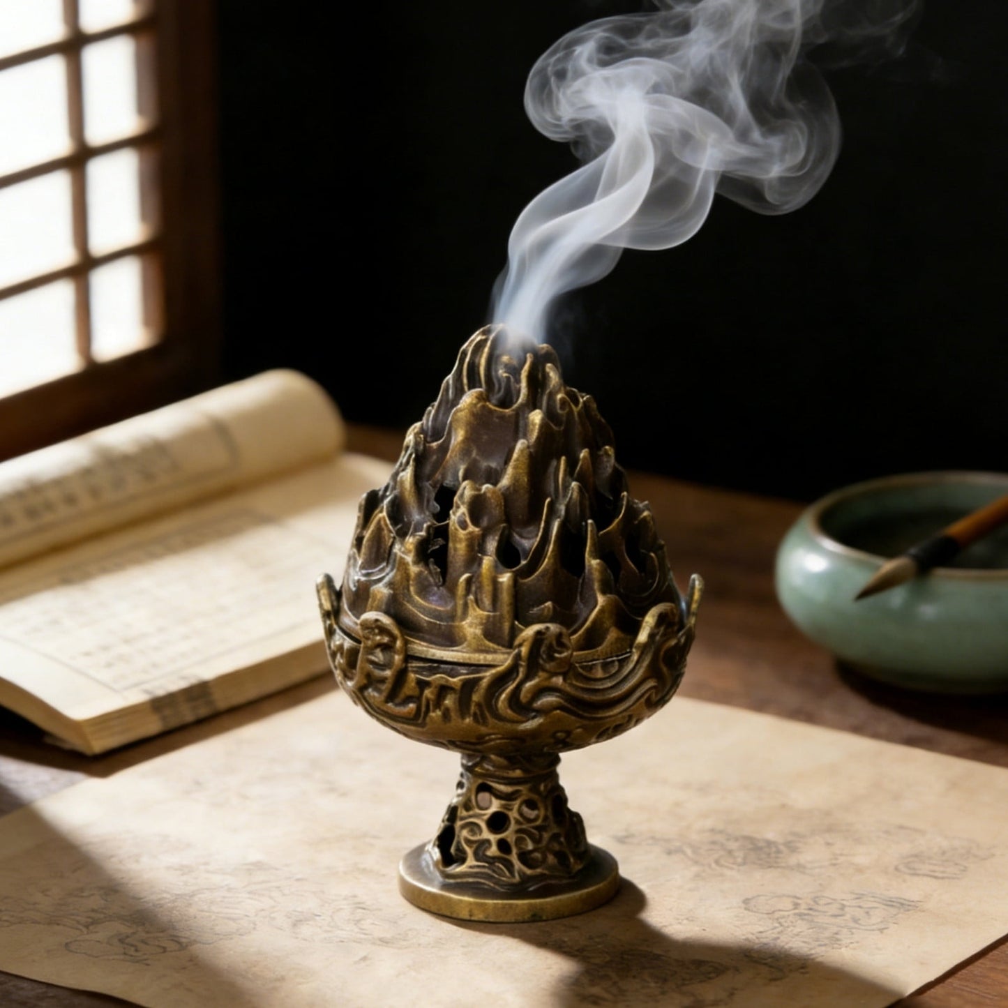 Incense Burner Incense Cone Holder Cone Incense Burner, Bronze Hollow-Out Set with Lid, Stable Base for Ramadan Eid Meditation Yoga Home Spiritual Decor