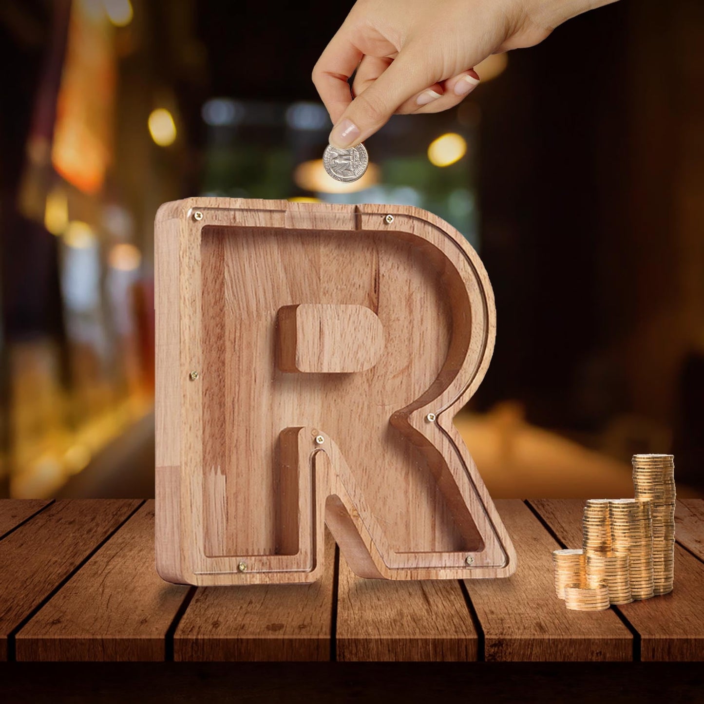 Money Saving,Piggy Banks,Wooden Letter Piggy Bank, Creative Piggy Bank Custom Wooden Piggy Bank, Letter Coin Bank,Wood Toys Money Saving Bank,Money Box Coin Bank Toys(R 7in+Sticker)