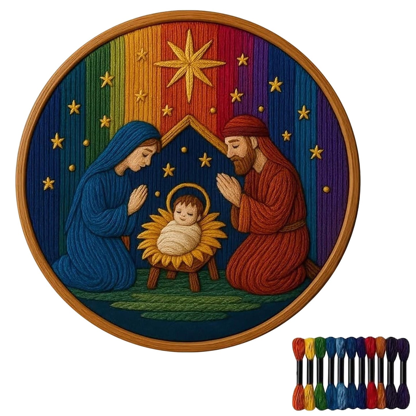 Embroidery Kit,Christmas Embroidery Kit,DIY Nativity Embroidery Set,Stitch the Holy Story,Christian Nativity Scene Embroidery Craft Kit for Adults Beginner,Complete Christmas Cross(A 8in)