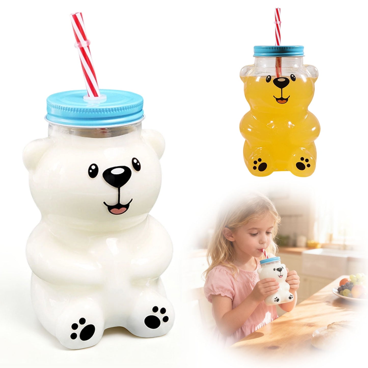 Glass Bear Cup,Honey Bear Straw Cup,Teddy Bear Glass Cup,6¡Á4inch,Cute Bear Mug Winter Customized Home Cup,Glass Bear Cup With Lid And Straw,For Smoothie, Juice, Home Bar And Parties.(A)