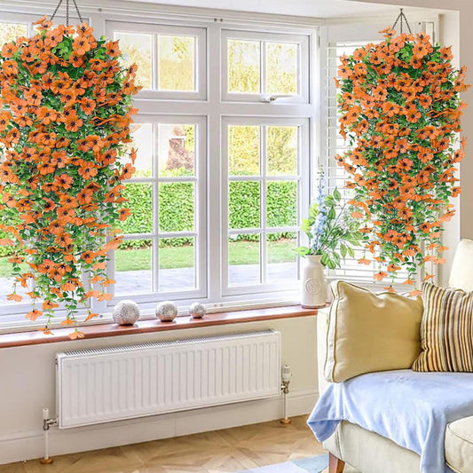 Hanging Flower Baskets for Outside,Artificial Fake Hanging Flowers Plants Baskets for Outdoor Outside Decoration, Faux Long Vines in Planter Realistic(Orange 1pc 30*10in)