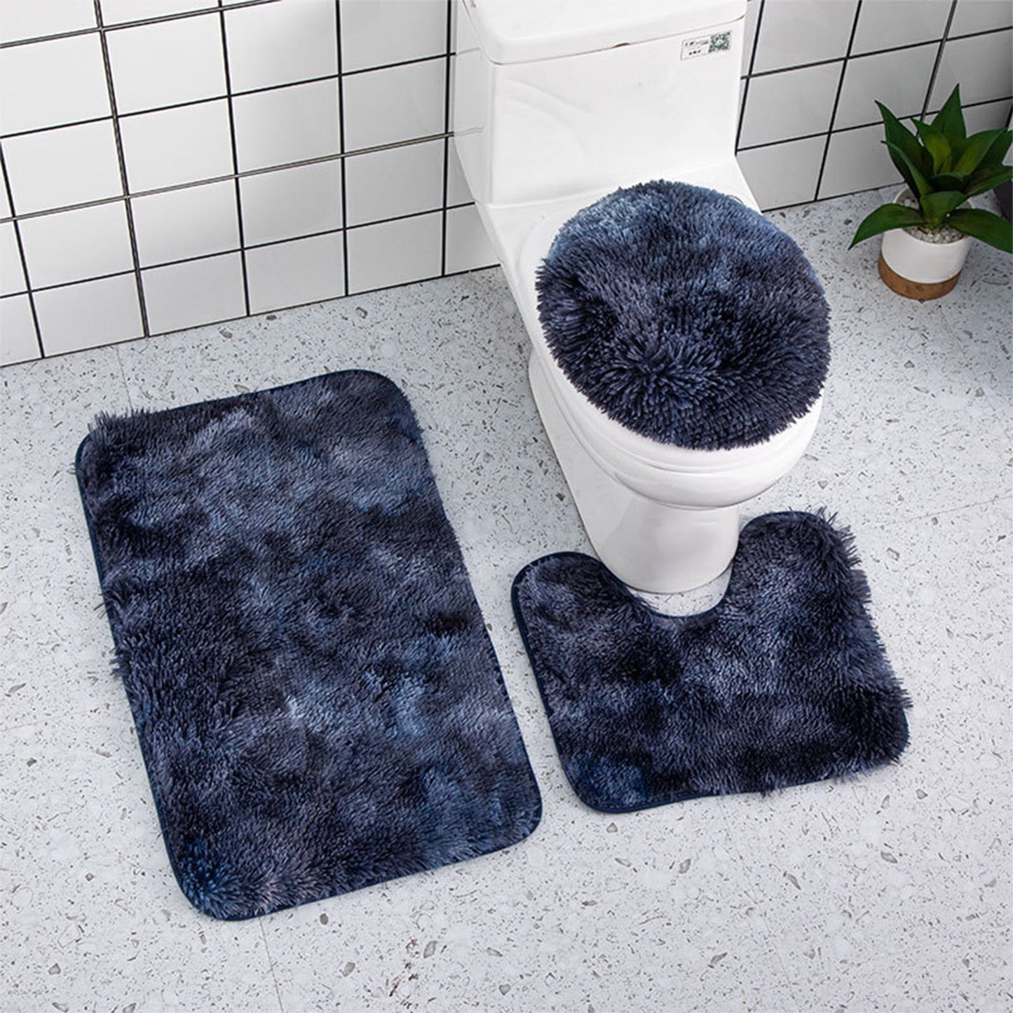 Toilet Seat Cover And Rug Set,Bathroom Rugs Sets 3 Piece,Ultra Soft Non Slip Bath Rug and Absorbent Chenille Bath Mat,Bathroom Rugs,Plush Bath Mats(Navy 3pcs/Set 20in)