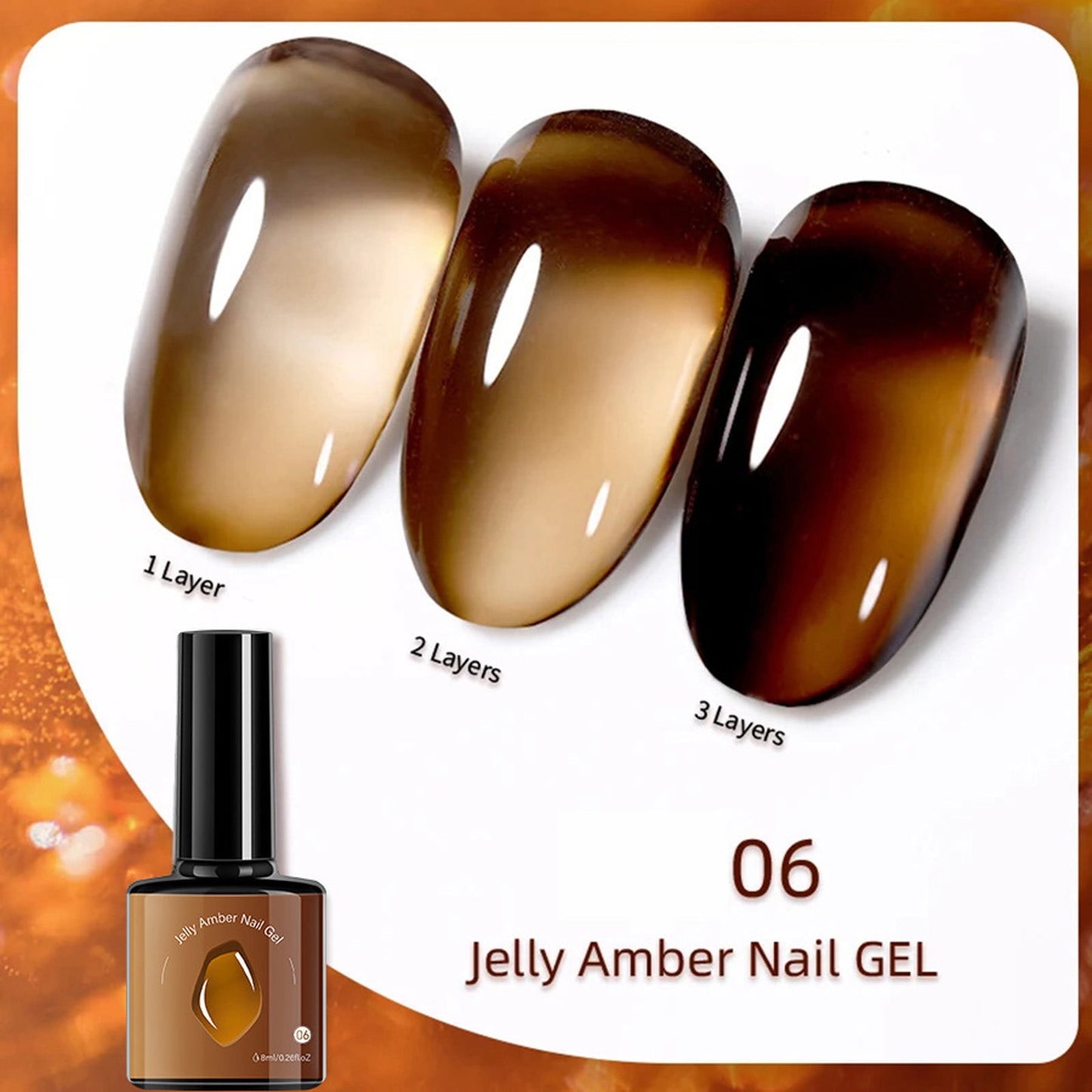 Amber Jelly Crystal Gel Nail Polish, Jelly Gel Nail Polish, Soak Off UV Light Cure Gel Polish, Crystal Transparent Series Sheer Gel Varnish Curing Requires Soak off Home Salon French Manicure (#06)