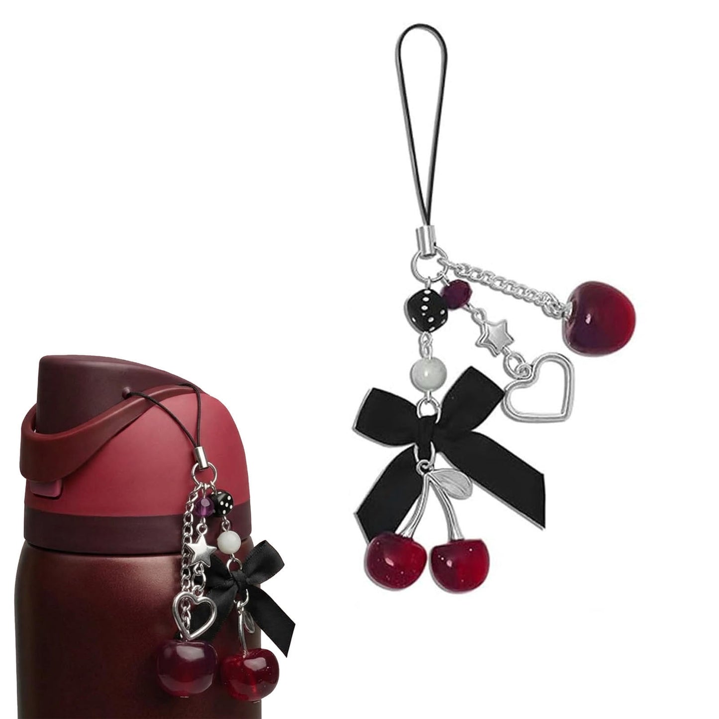 Cherry Phone Charm & Keychain Pendant, Bow Decor with Beads and Pearls, Multi-Layer Design for Phone, Bag, Keys, Water Bottle, Cute Girly Gift for Birthdays, Holidays