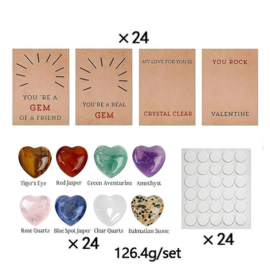 Class Valentines Day Gifts for Kids - 24-Pack Crystal Rocks Card Set with 0.78 inch Heart Stones, Complete Ready-to-Give Kit with Clear Pouches, Funny Unique Cards for School Exchange