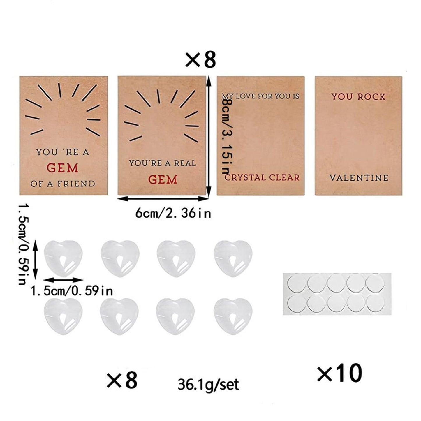 Class Valentines Day Gifts for Kids - 8-Pack Crystal Rocks Card Set with 0.6 inch Heart Stones, Complete Ready-to-Give Kit with Clear Pouches, Funny Unique Cards for School Exchange