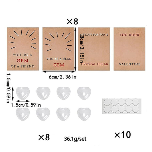 Class Valentines Day Gifts for Kids - 8-Pack Crystal Rocks Card Set with 0.6 inch Heart Stones, Complete Ready-to-Give Kit with Clear Pouches, Funny Unique Cards for School Exchange