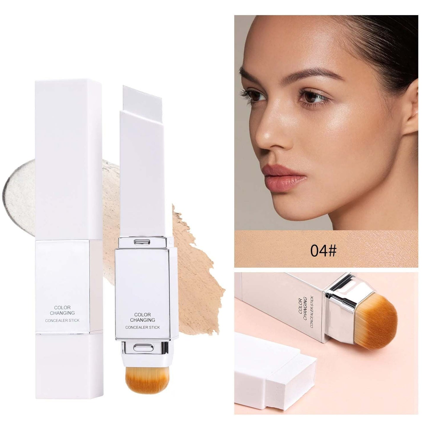 Color Changing Foundation Stick, 2 in 1 Dual Ended Korean White Foundation Stick with Brush, Cover Cream Stick, Medium to Full Coverage, Brightening Makeup Base for Smooth Hydrating Flawless Look