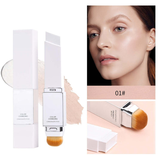 Color Changing Foundation Stick, 2 in 1 Dual Ended Korean White Foundation Stick with Brush, Cover Cream Stick, Medium to Full Coverage, Brightening Makeup Base for Smooth Hydrating Flawless Look