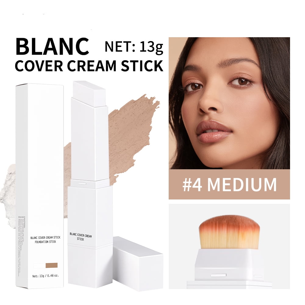 Color Changing Foundation Stick with Built-in Brush, Quick Fix Full Coverage Concealer Stick, Hydrating Concealer Base Makeup, 2 IN 1 Double Head Foundation Stick for Flawless Look (#04, Medium)