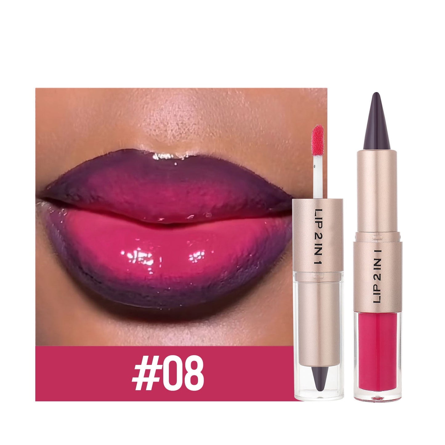 Double Head Matte Lipstick, Matte Lip Liner and Lipstick Makeup, Moisturizing Glossy Tinted Lip Stick Balm Care, Sheer Shine Juicy Finish, Lightweight Hydrating Formula (#08)