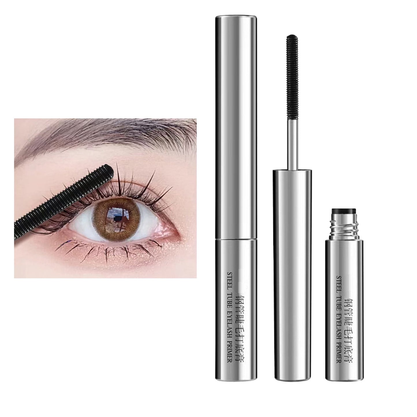 Iron Wand Mascara with Eyelash Curler, Black Washable Metal Mascara, Lasting 3D Curling Eyelashes, Waterproof Smudge-proof, Natural Thick Clear Lashes-looking