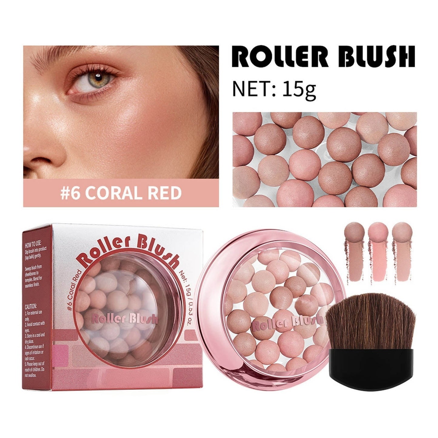 Luminous Blush Powder, Powder Blusher Ball Three-dimensional Repair Delicate High Gloss Pearl Ball Powder Blusher, Ultra-Fine & Smooth, Longer-Lasting Wear with Natural Luminous Glow (Coral Red)
