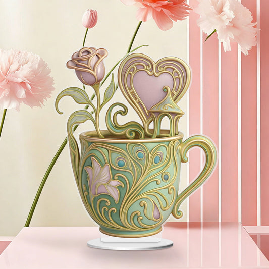 Tea Cup Ornament & Teapot Ornament Valentine's Day Acrylic, 6" Heart-shaped Teacup Ornament for Christmas Tree & Romantic Home Decor