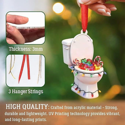 Toilet Bowl Christmas Tree Ornament, Christmas Throne Toilet Ornament for Christmas Tree, Christmas Toilet Ornament with Santa Hat for Humorous Bathroom & Tree Decor, Acrylic Novelty Ornament
