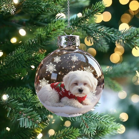 Christmas Dog Snow Globe Ornaments,Clear Plastic Christmas Balls,3.15inch Handcrafted Vivid 3d Animal Christmas Decoration,Dog Lover Christmas Tree Decorations.(Maltese)