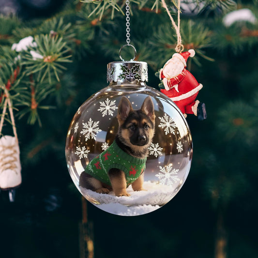 Christmas Dog Snow Globe Ornaments,Clear Plastic Christmas Balls,3.15inch Handcrafted Vivid 3d Animal Christmas Decoration,Dog Lover Christmas Tree Decorations.(German Shepherd)