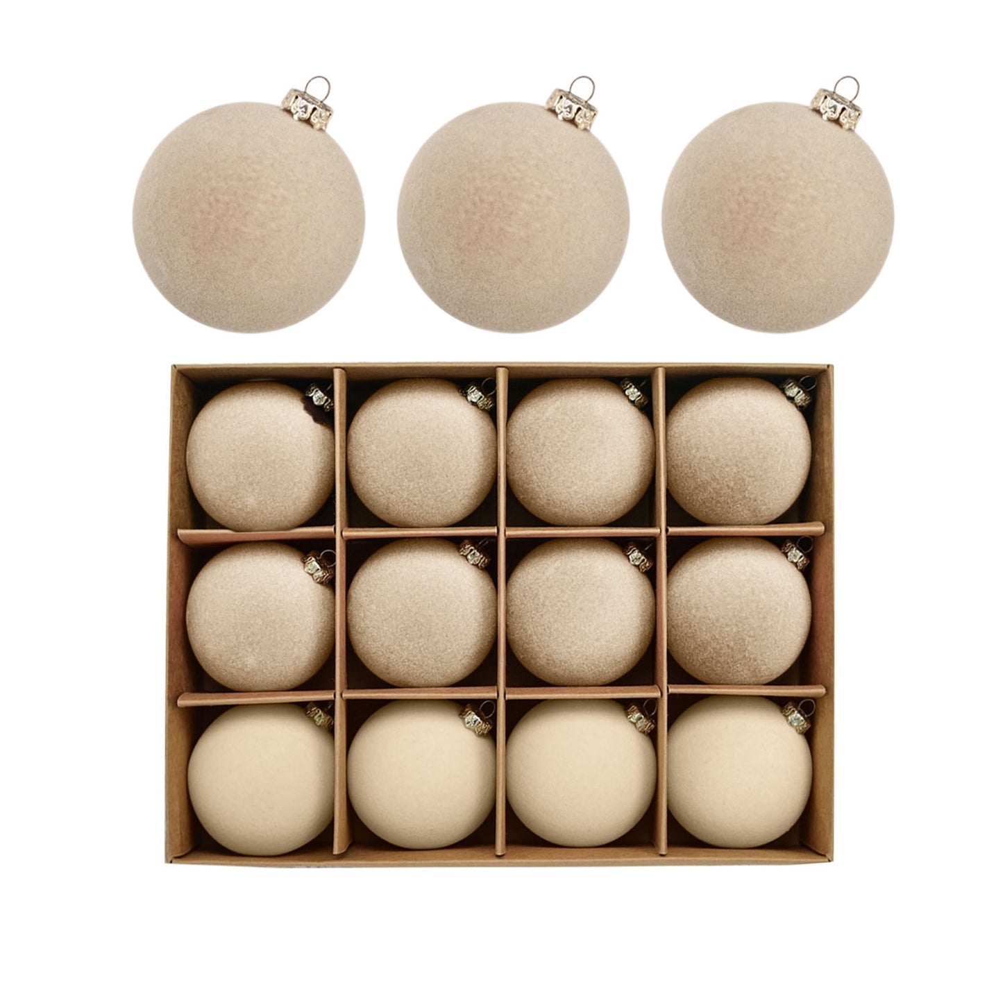 Cream Christmas Ornaments,Christmas In July Decorations,Velvet Christmas Ball Ornaments Set,Flocked Hanging Balls for Xmas Tree,Plastic Decorative Baubles for Holiday Party(Beige 12pcs 2.4in)