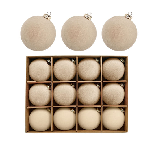 Cream Christmas Ornaments,Christmas In July Decorations,Velvet Christmas Ball Ornaments Set,Flocked Hanging Balls for Xmas Tree,Plastic Decorative Baubles for Holiday Party(Beige 12pcs 2.4in)