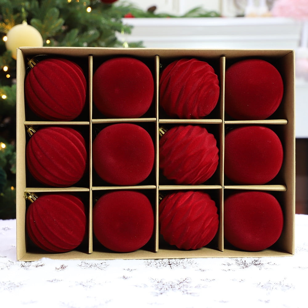 Velvet Christmas Balls,Velvet Christmas Ornaments,Velvet Christmas Balls Xmas Tree Hanging Ornaments Shatterproof Decorations Pendants with Gift Box,Flocking Christmas(Red A 12pcs 2.4in)