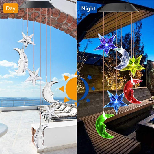 Hanging Solar Lights for Outside,LED Lights Wind Chime Light Spinners String Hanging Outdoor Garden,Solar Wind Chime-Color-Changing LED Outdoor Decor for Home(Stars Moon 26-33in)