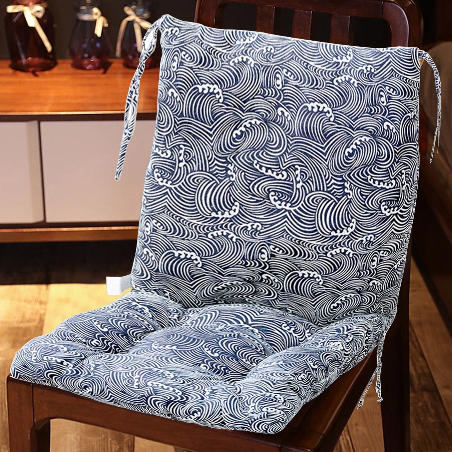 Chair Cushions for Outdoor Furniture,Chair Cushions High Back,Non-Slip Patio Chair Cushions Seating Set,High Back Chair Cushions Indoor Outdoor Porch Rocking(Navy Wave A 32*16in)