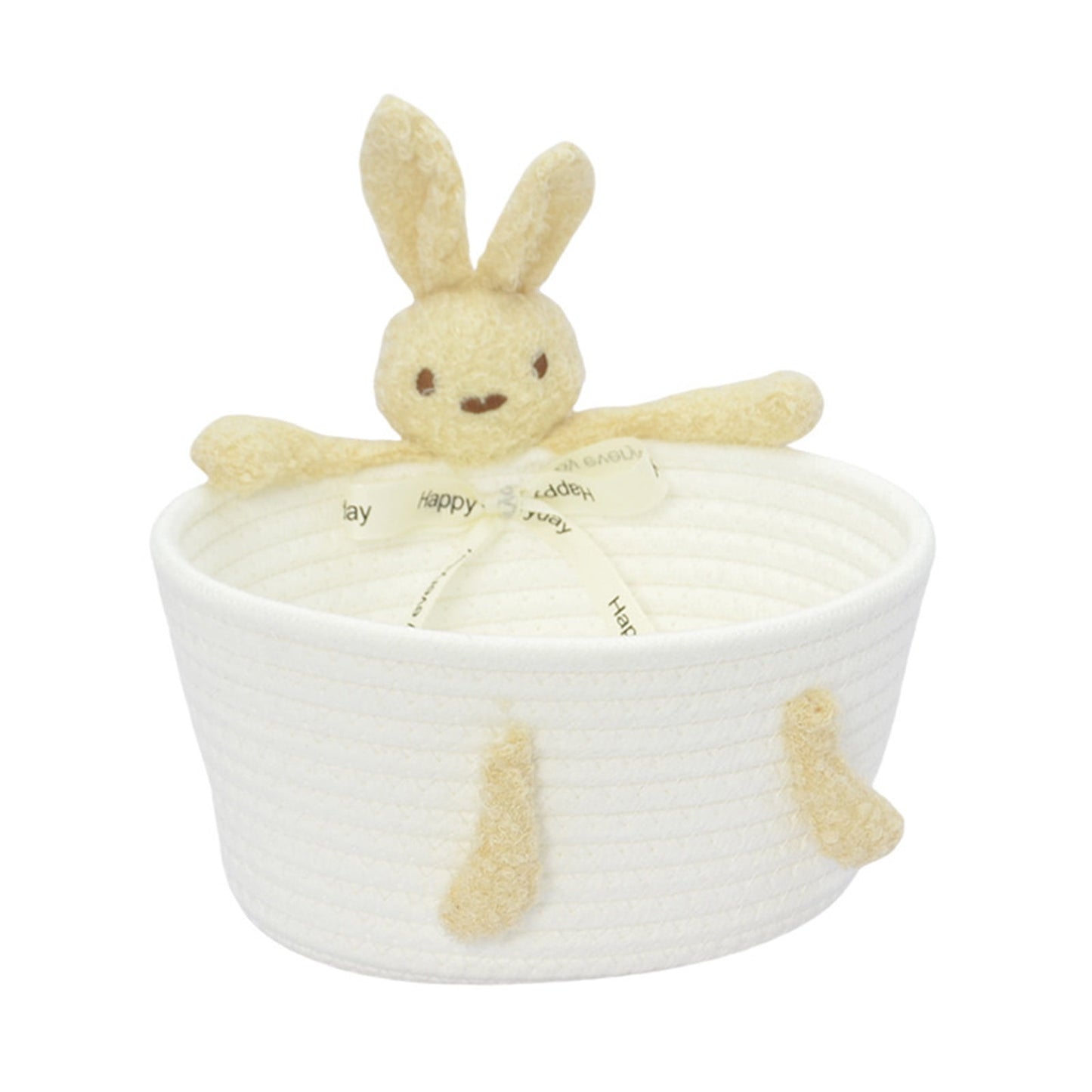 Handwoven Storage Basket & Candy Storage Basket, Cute Rabbit Design Cotton Bin for Desktop, Entryway, Bedroom, Lightweight with Handle, Durable & Machine Washable, 12x4.5x8.4 in