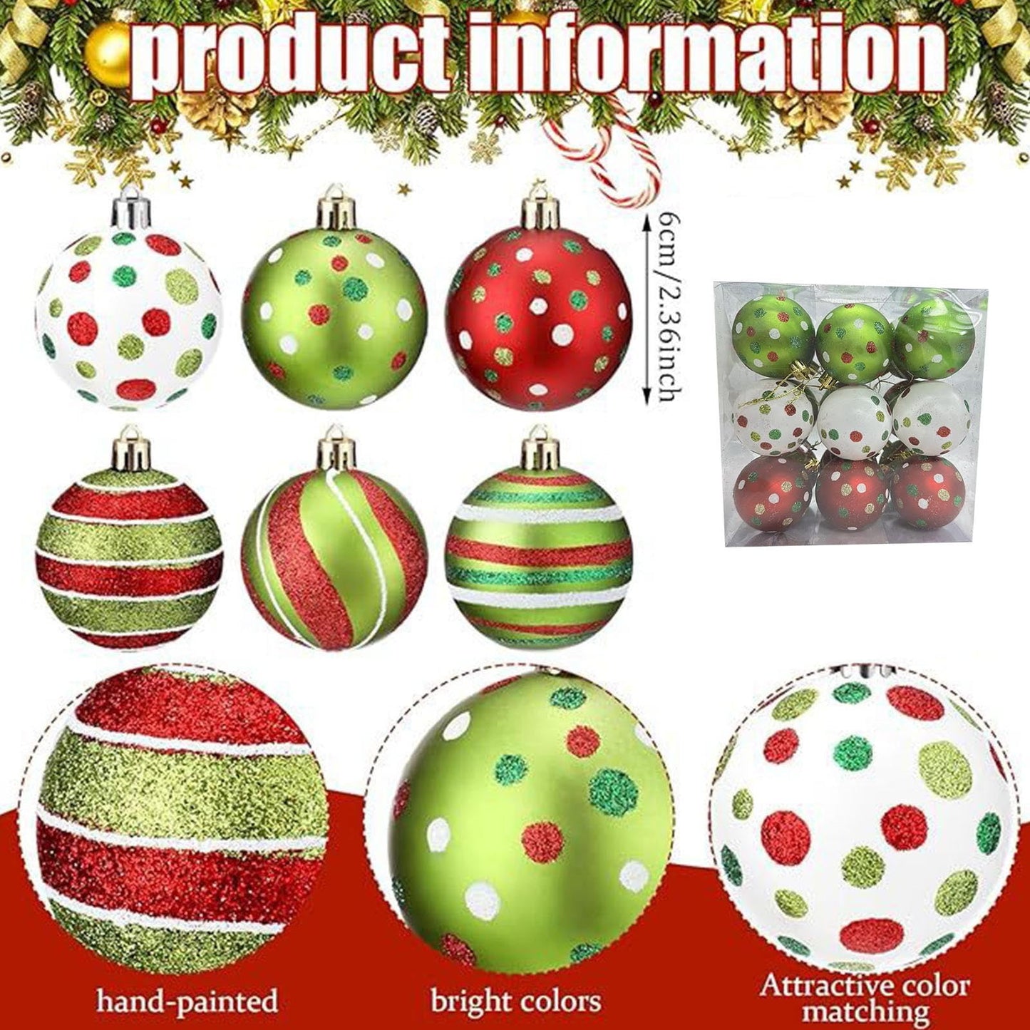 Tree Decorations,Christmas Ball Ornaments,Christmas Ball Ornaments,Christmas Tree Decorations,Glittering Hanging Xmas Balls for Tree Decoration(18pcs 2.4in)