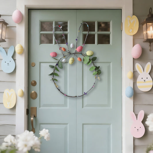 Easter Wreath Spring Wreaths for Front Door Easter Bunny Decor, Rattan Bunny-shaped Garland, Holiday Party Decoration for Indoor Outdoor