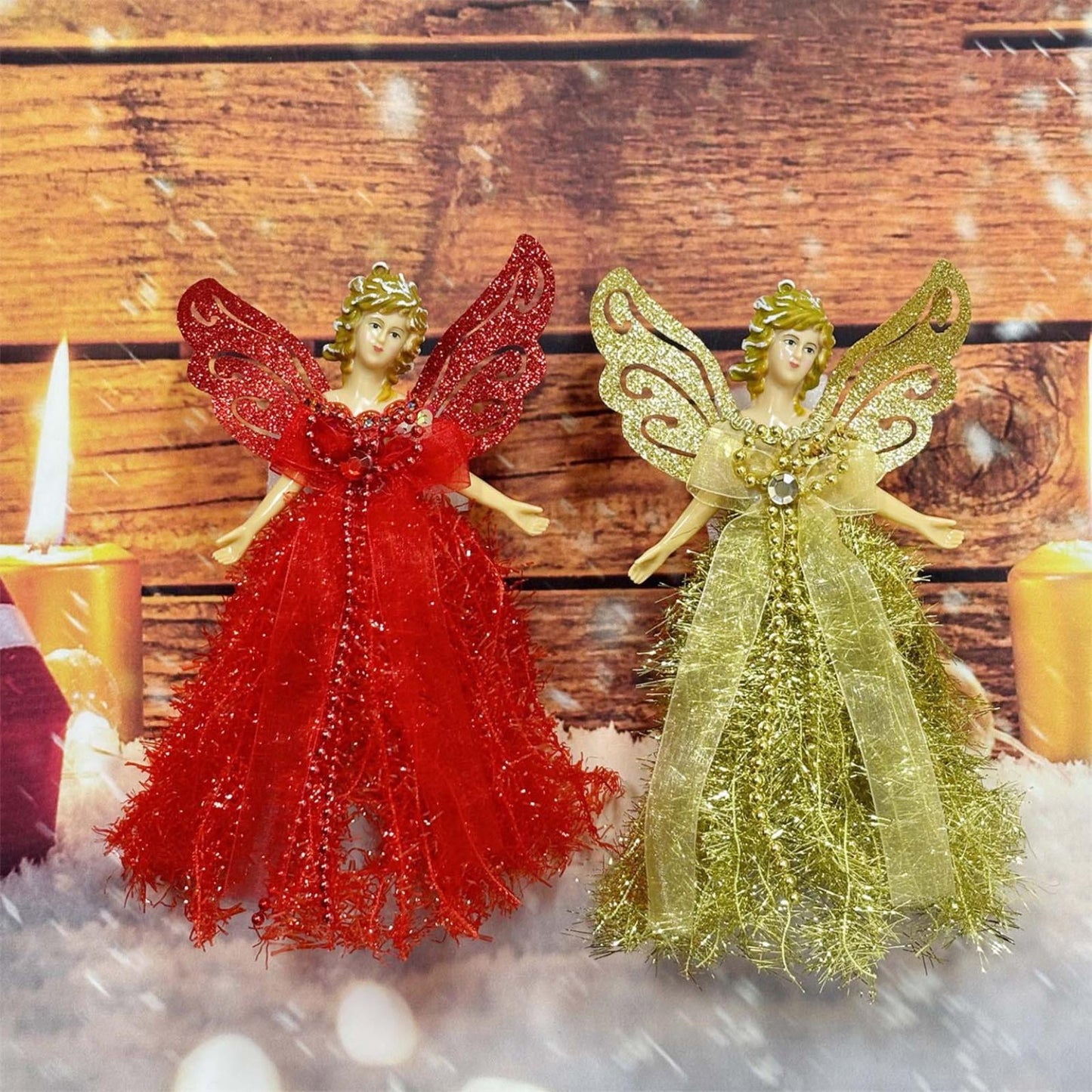 Angel Christmas Tree Topper,Mini Angel Christmas Tree Topper, Angel Treetop with anging Rope Portable for Christmas Decorations Xmas Tree Ornament(Red A 10*4in)