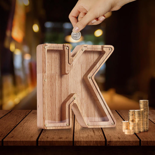 Savings Box,Piggy Bank for Kids,Wooden Letter Piggy Bank, Creative Piggy Bank Custom Wooden Piggy Bank, Letter Coin Bank,Wood Toys Money Saving Bank,Money Box Coin Bank Toys(K 7in+Sticker)